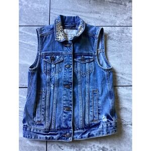 Abercrombie & Fitch Womens XS Blue Denim Vest Sequin Collar Distressed Jacket
